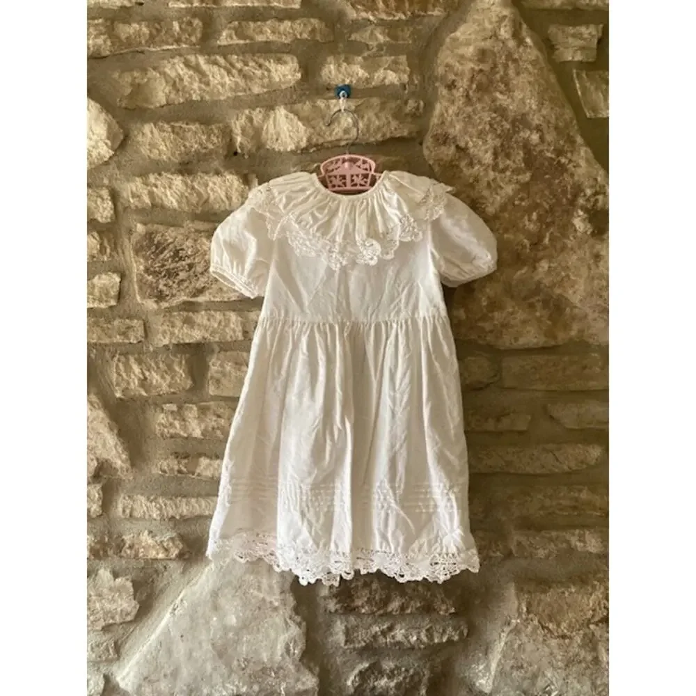 Vintage 80's Paper White Heirloom Dress - 4T - Hand Embroidered Linen Cotton